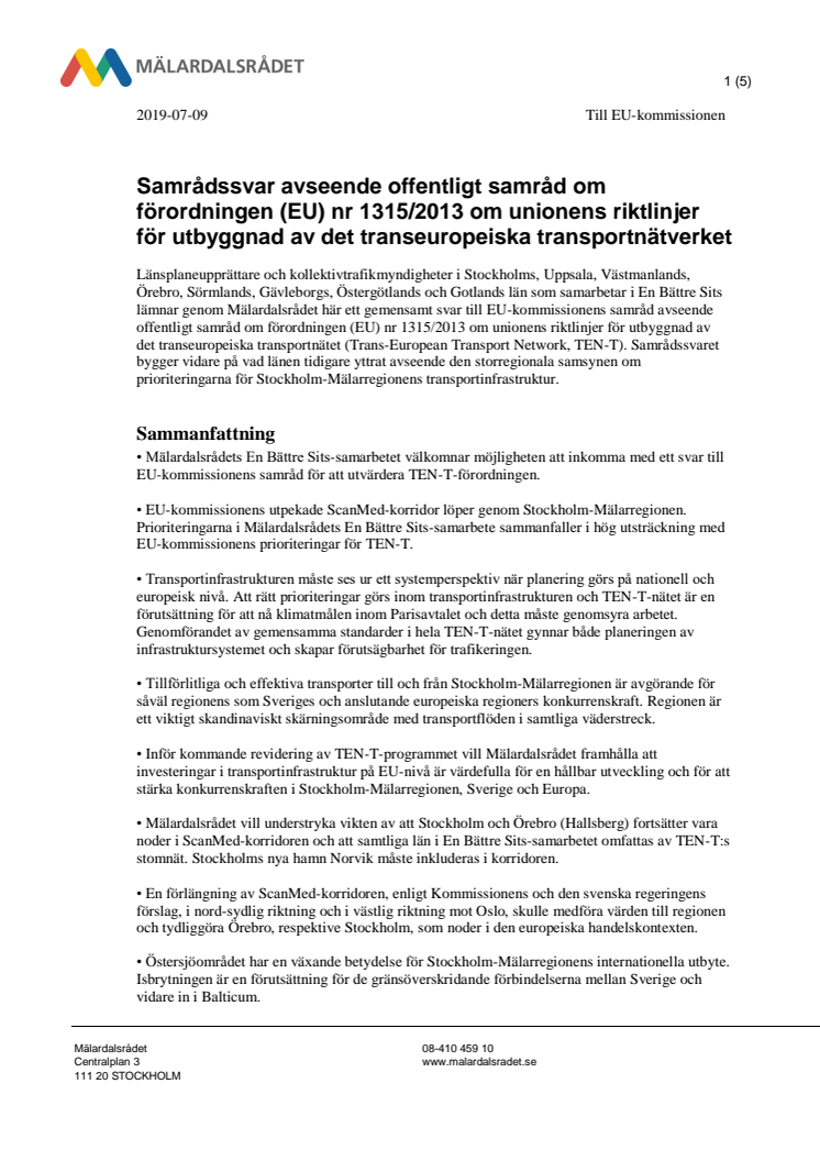 Samrådssvar avseende offentligt samråd om förordningen (EU) nr 1315/2013