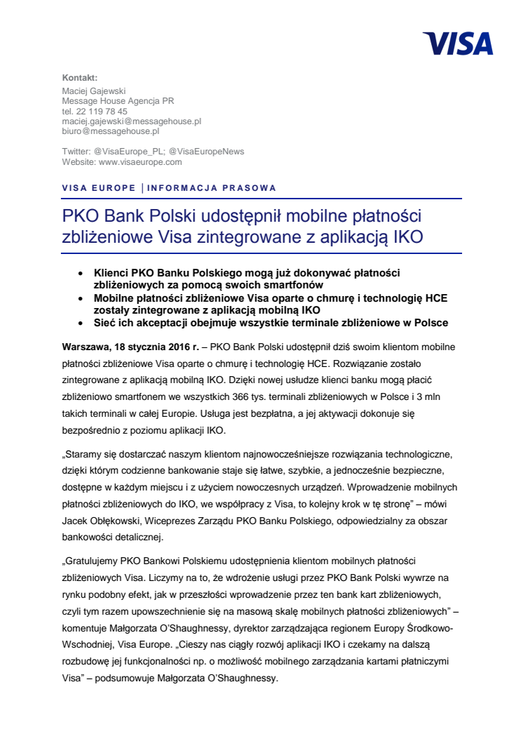 PKO Bank Polski udostępnił mobilne płatności zbliżeniowe Visa zintegrowane z aplikacją IKO