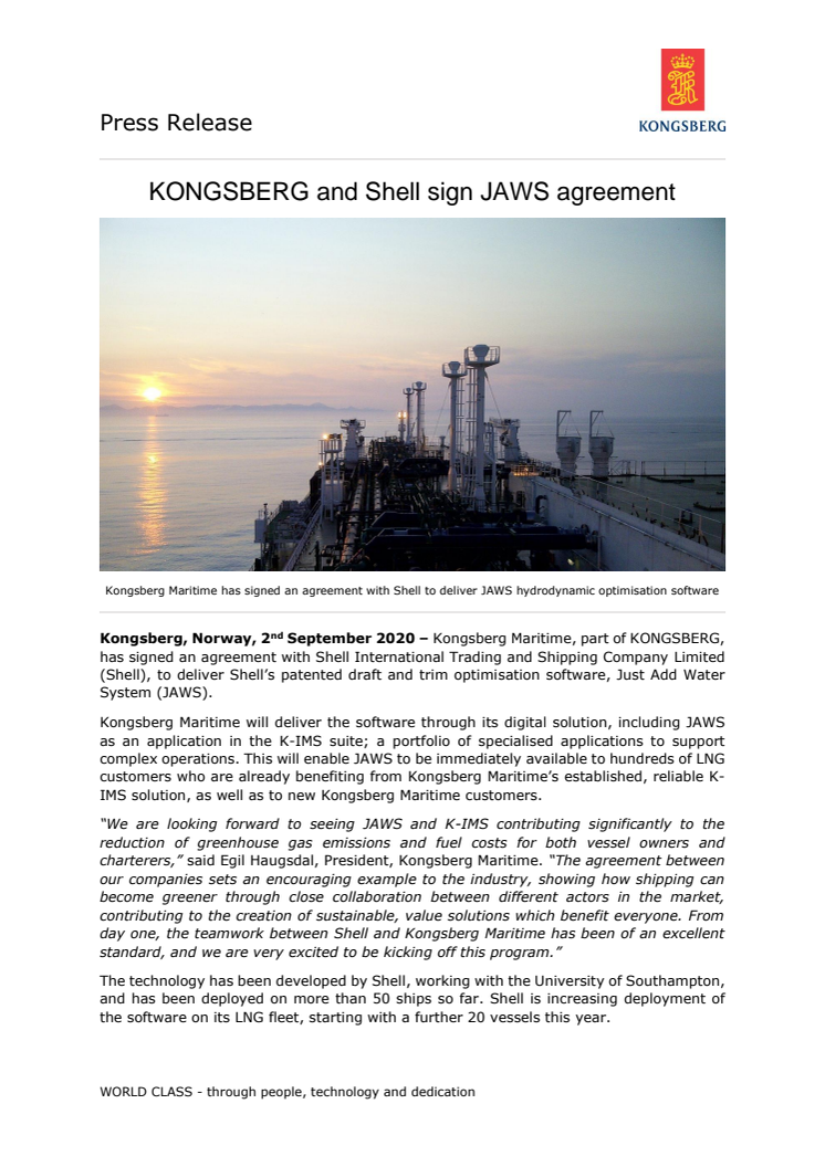 KONGSBERG and Shell sign JAWS agreement