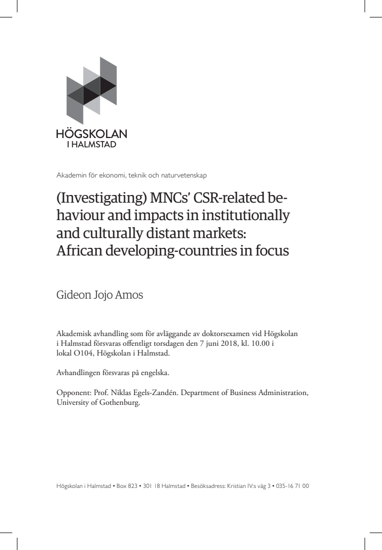 Abstract: (Investigating) MNCs’ CSR-related behaviour and impacts in institutionally and culturally distant markets: African developing-countries in focus 