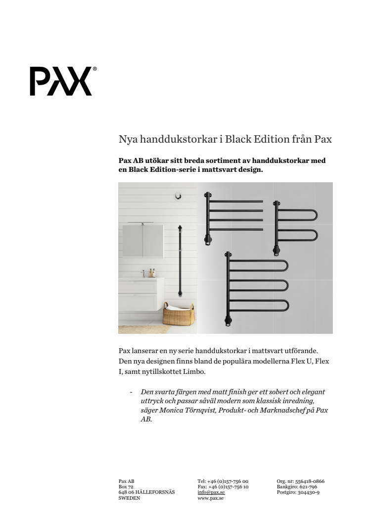 Nya handdukstorkar i Black Edition från Pax 