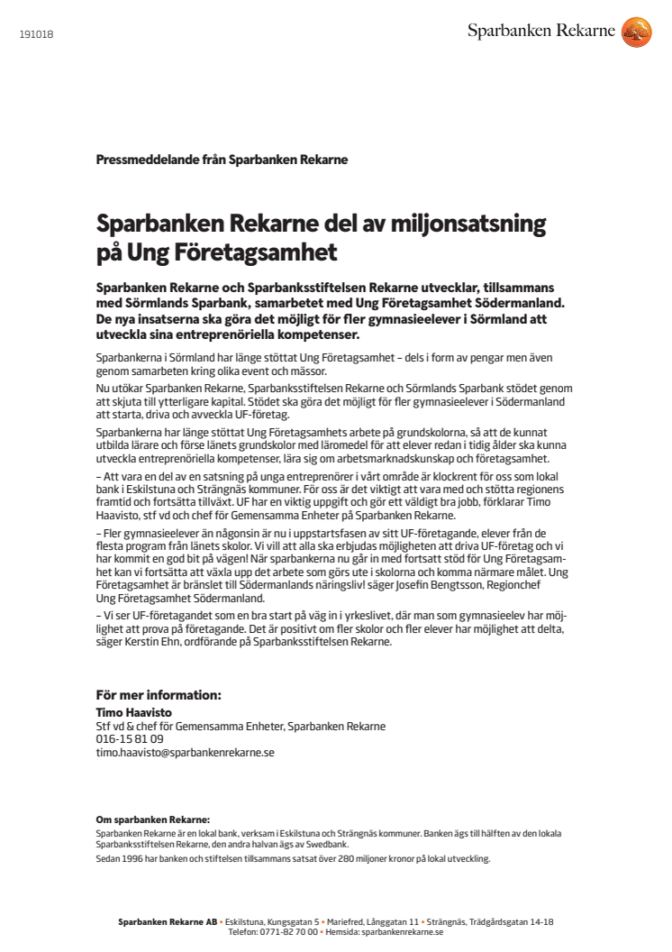 Sparbanken Rekarne del av miljonsatsning på Ung Företagsamhet