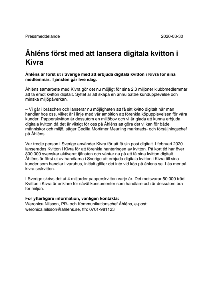 Åhléns först med att lansera digitala kvitton i Kivra