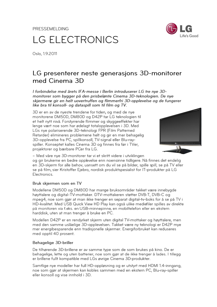 LG presenterer neste generasjons 3D-monitorer med Cinema 3D