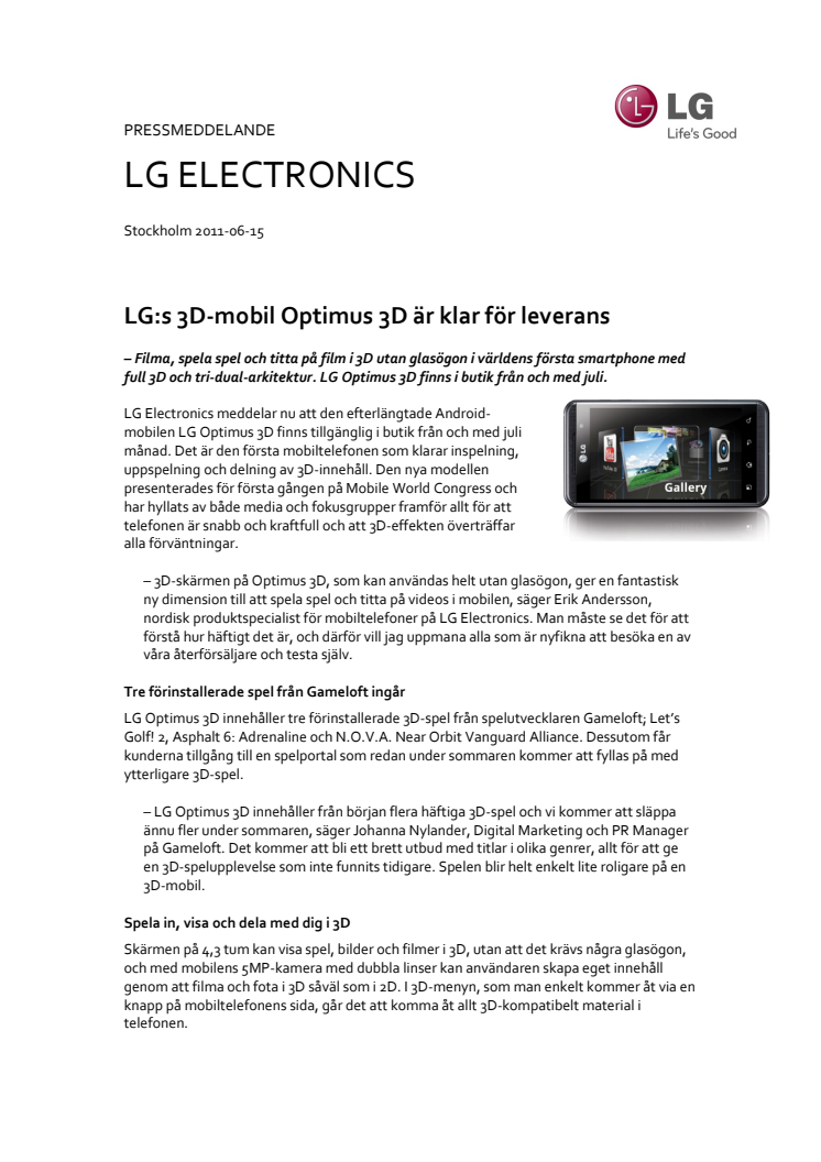 LG:s 3D-mobil Optimus 3D är klar för leverans 