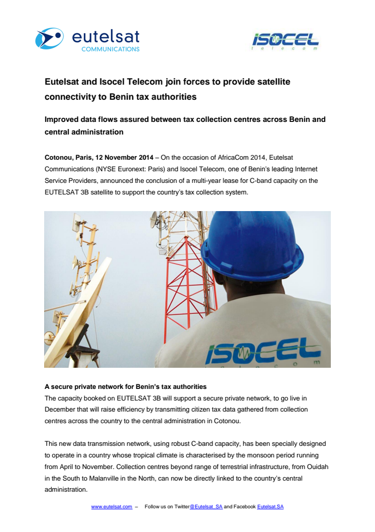 Eutelsat and Isocel Telecom join forces to provide satellite connectivity to Benin tax authorities 
