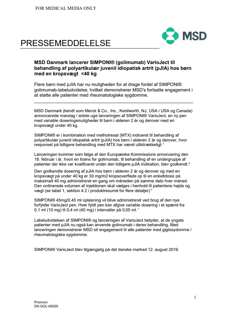 MSD Danmark lancerer SIMPONI® (golimumab) VarioJect til behandling af polyartikulær juvenil idiopatisk artrit (pJIA) hos børn med en kropsvægt  <40 kg