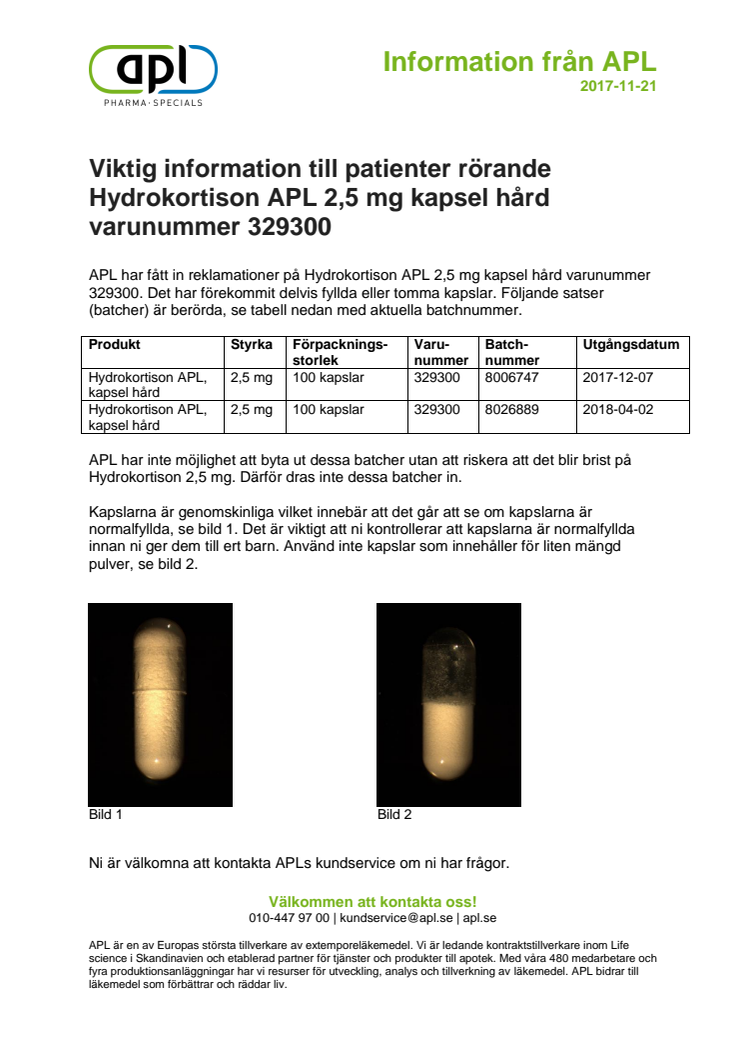 Indragning av Hydrokortison 2,5 mg kapsel hård - Information till patienter