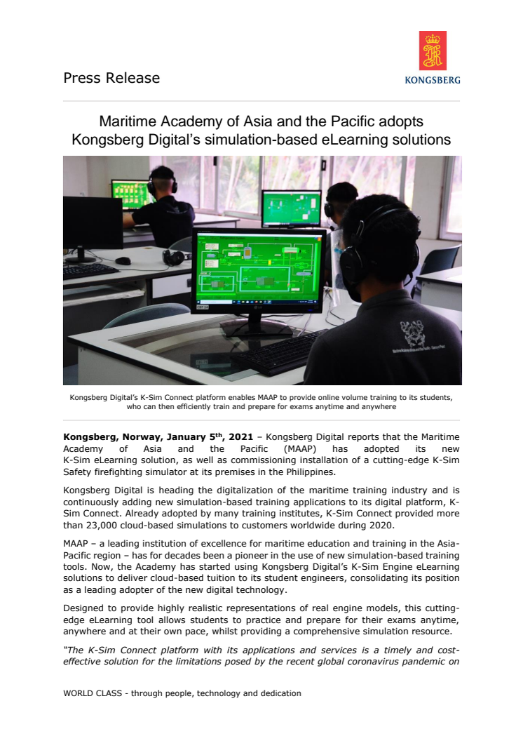 Maritime Academy of Asia and the Pacific adopts Kongsberg Digital’s simulation-based eLearning solutions