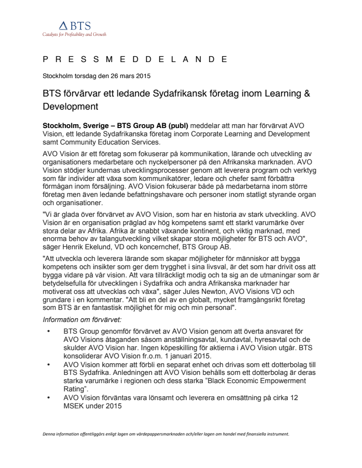 BTS förvärvar ett ledande Sydafrikansk företag inom Learning & Development