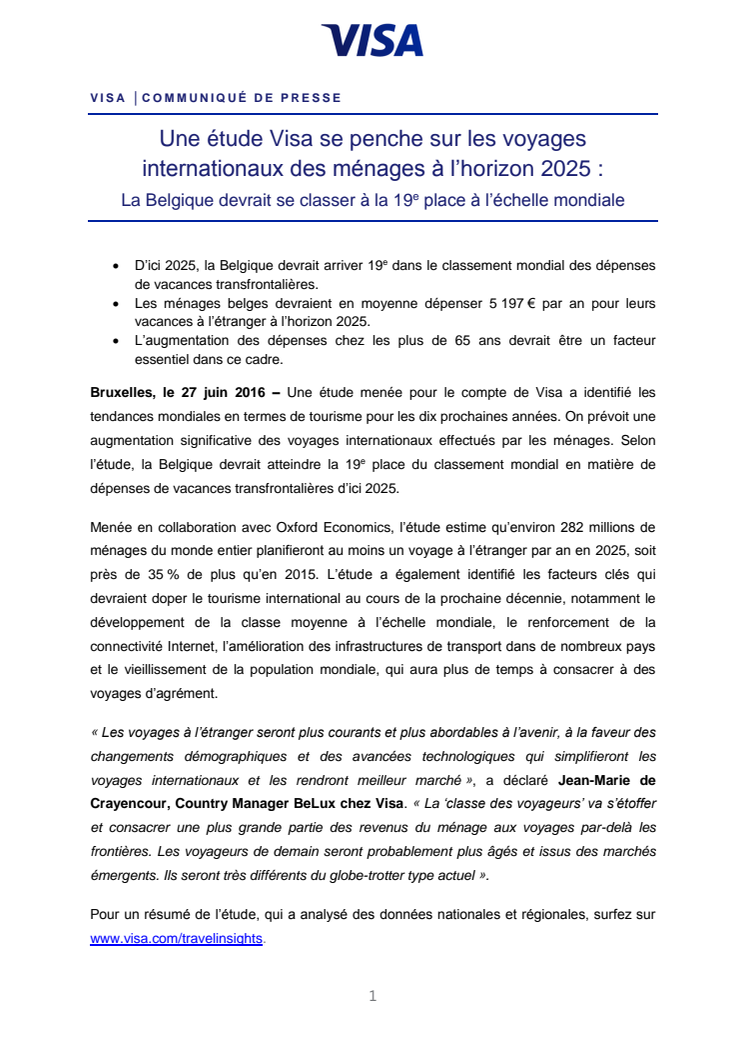 Une étude Visa se penche sur les voyages internationaux des ménages à l’horizon 2025 :  La Belgique devrait se classer à la 19e place à l’échelle mondiale