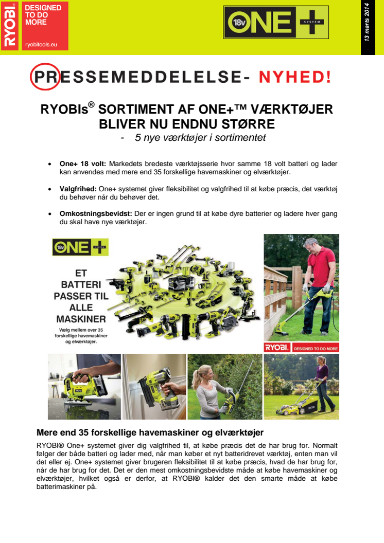 RYOBIs® SORTIMENT AF ONE+™ VÆRKTØJER BLIVER NU ENDNU STØRRE  - 5 nye værktøjer i sortimentet