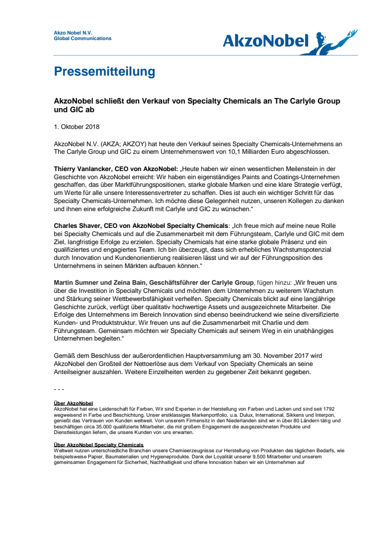 AkzoNobel schließt den Verkauf von Specialty Chemicals an The Carlyle Group und GIC ab