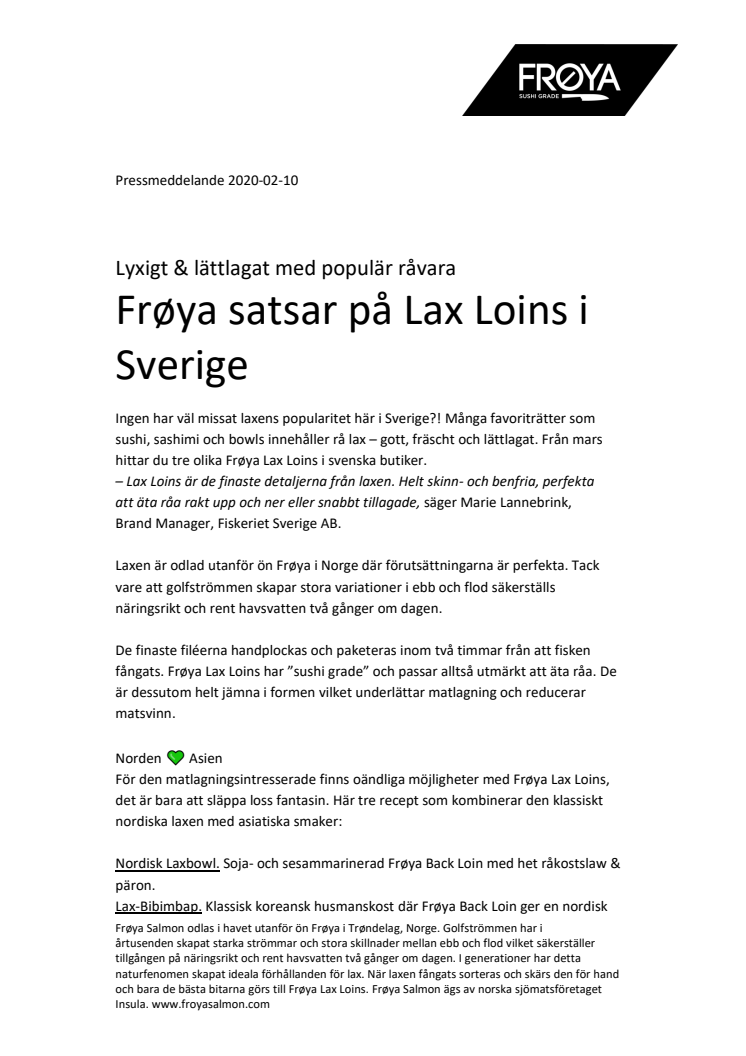 Frøya satsar på Lax Loins i Sverige