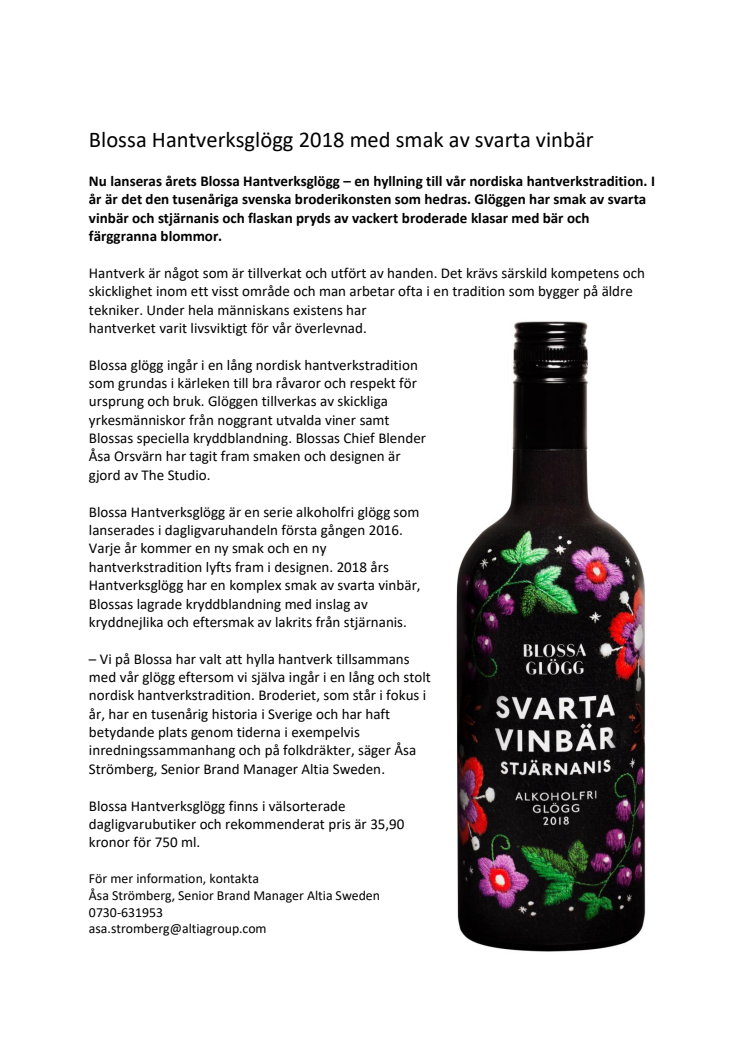 Blossa Hantverksglögg 2018 med smak av svarta vinbär