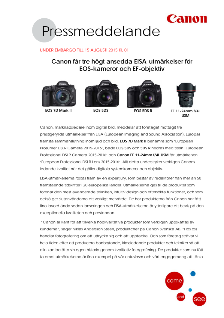 Canon får tre högt ansedda EISA-utmärkelser för EOS kameror och EF-objektiv 