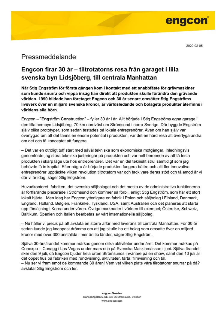 Engcon firar 30 år – tiltrotatorns resa från garaget i lilla svenska byn Lidsjöberg, till centrala Manhattan