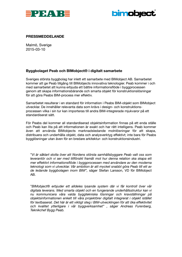 Byggbolaget Peab och BIMobject® i digitalt samarbete