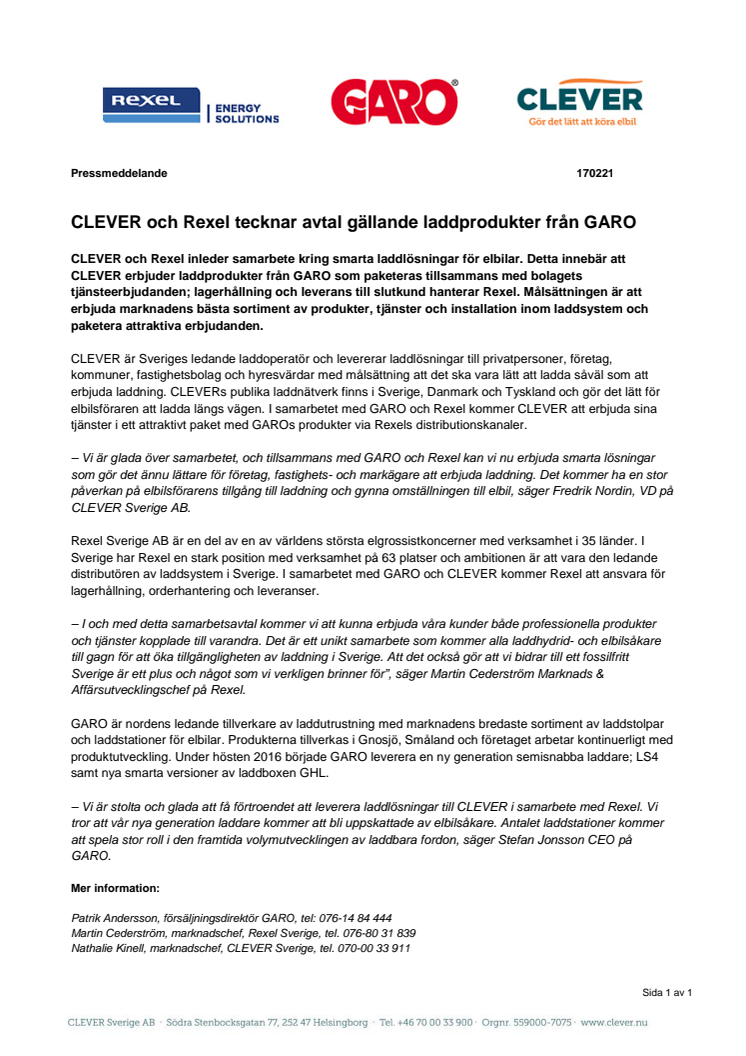 CLEVER och Rexel tecknar avtal gällande laddprodukter från GARO