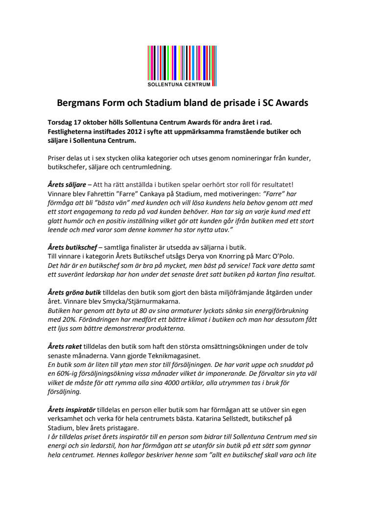 Bergmans Form och Stadium bland de prisade i SC Awards