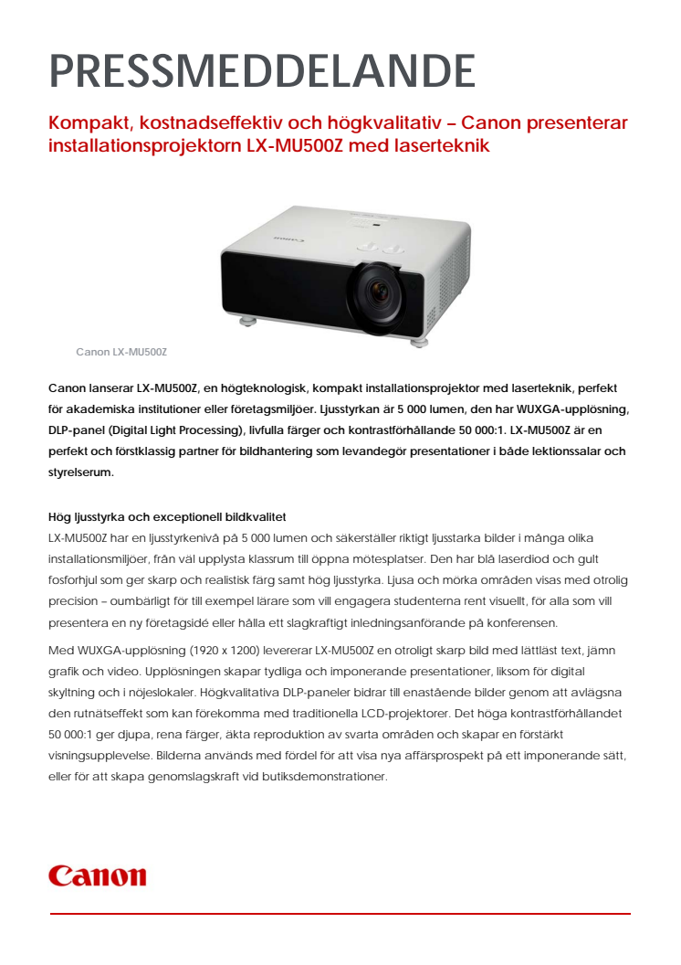 Kompakt, kostnadseffektiv och högkvalitativ – Canon presenterar installationsprojektorn LX-MU500Z med laserteknik