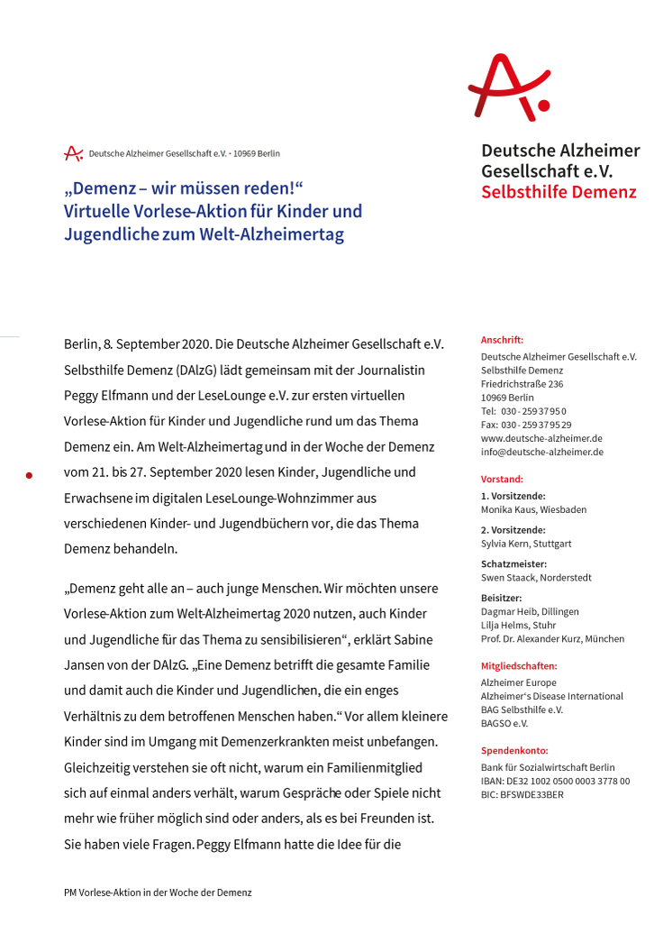 „Demenz – wir müssen reden!“ Virtuelle Vorlese-Aktion für Kinder und Jugendliche zum Welt-Alzheimertag