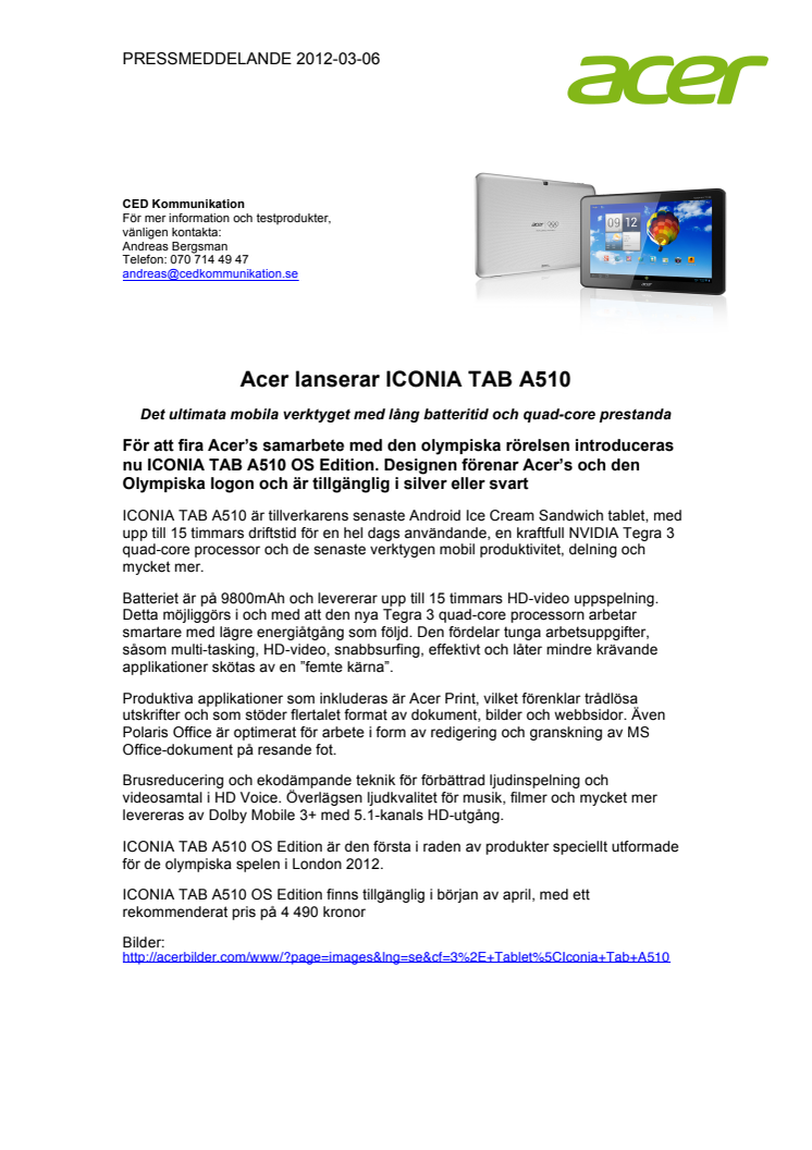 Acer lanserar ICONIA TAB A510