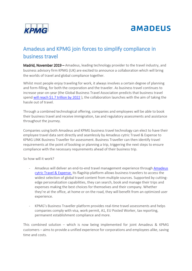 Amadeus och KPMG förenklar affärsresande genom nytt samarbete 