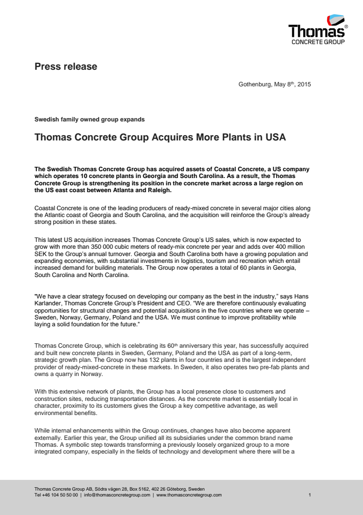 Thomas Concrete Group Acquires More Plants in USA
