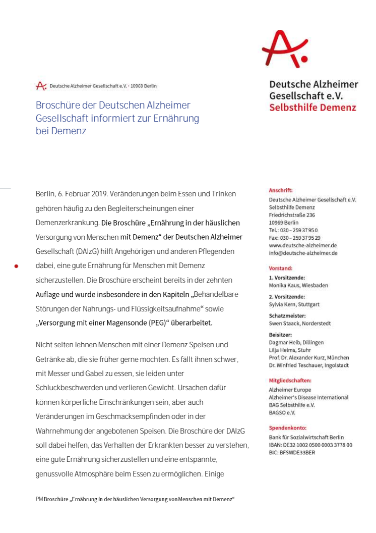 Broschüre der Deutschen Alzheimer Gesellschaft informiert zur Ernährung bei Demenz 