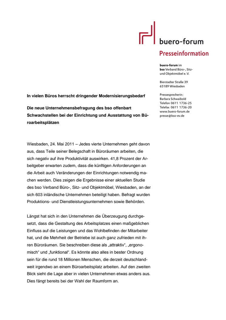 In vielen Büros herrscht dringender Modernisierungsbedarf  – Die neue  Unternehmensbefragung des bso offenbart Schwachstellen bei der Einrichtung und Ausstattung von Büroarbeitsplätzen
