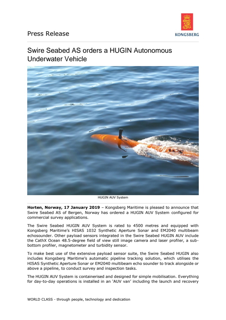 Kongsberg Maritime: Swire Seabed AS orders a HUGIN Autonomous Underwater Vehicle 