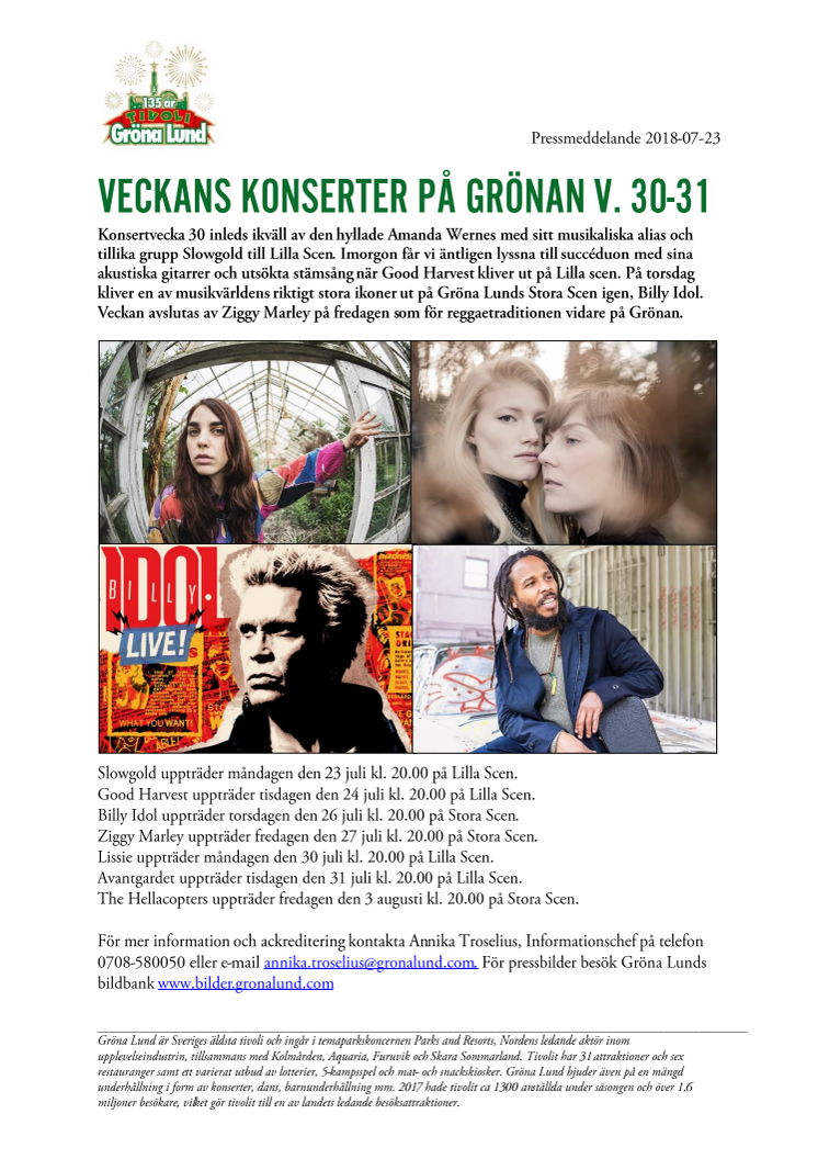 Veckans konserter på Grönan V. 30-31