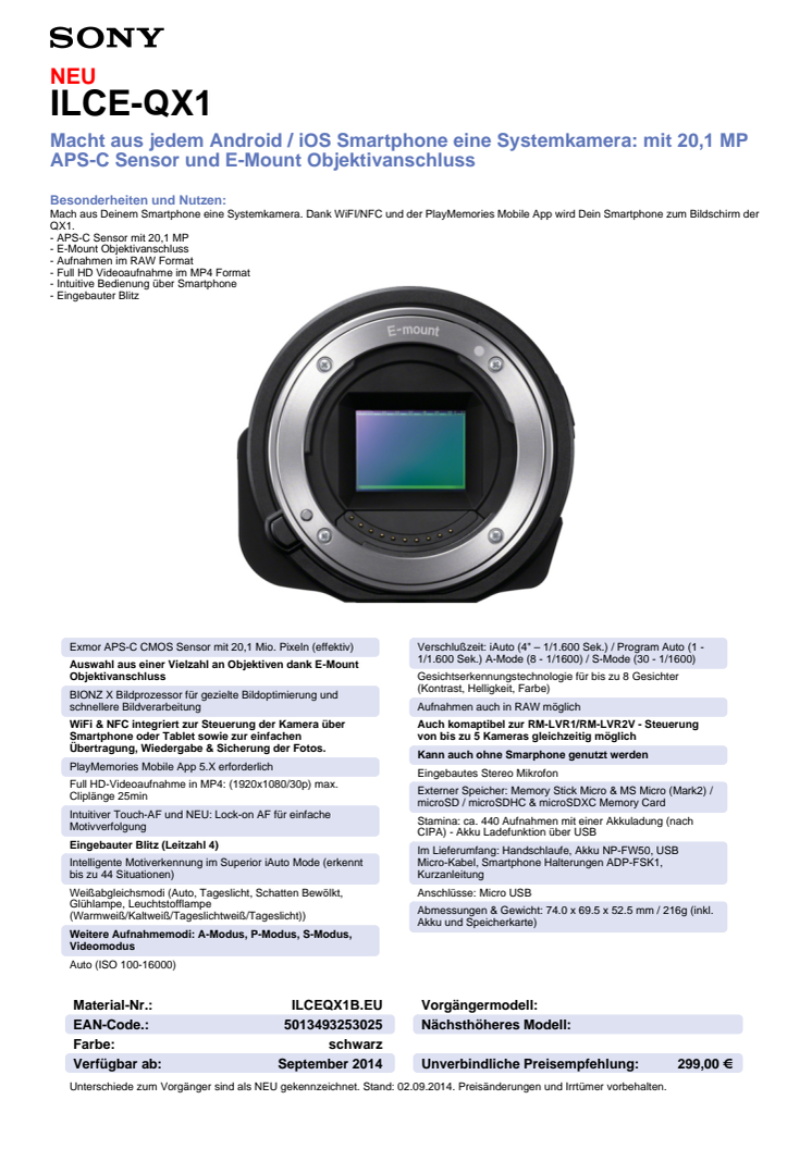 Datenblatt SmartShot ILCE-QX1 von Sony