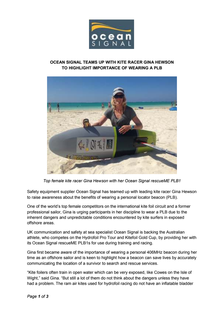 Ocean Signal: Ocean Signal Teams Up with Kite Racer Gina Hewson to Highlight Importance of Wearing a PLB