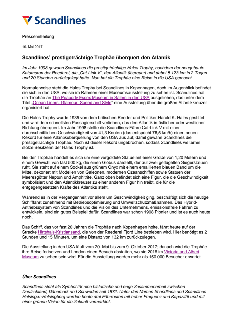 Scandlines’ prestigeträchtige Trophäe überquert den Atlantik
