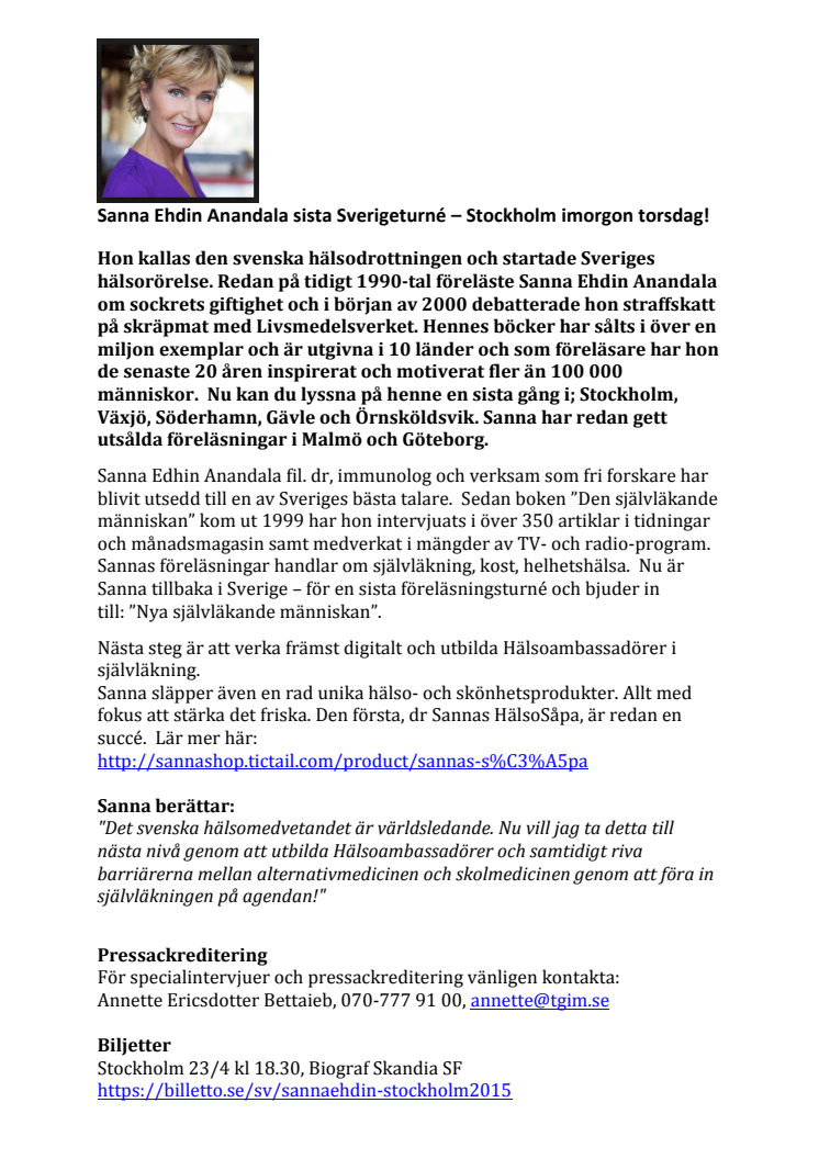Sanna Ehdin Anandala sista Sverigeturné 