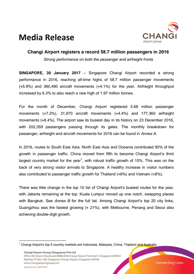 Changi Airport registers a record 58.7 million passengers in 2016