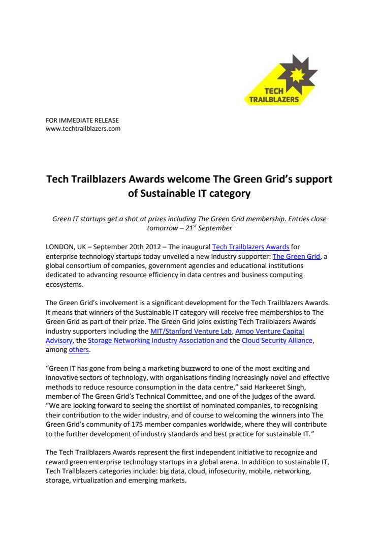Tech Trailblazers Awards welcome The Green Grid’s support of Sustainable IT category
