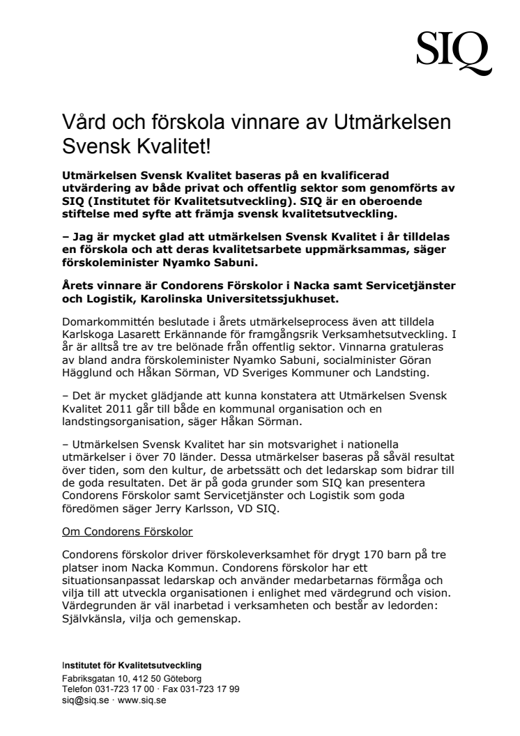 Vård och förskola vinnare av Utmärkelsen Svensk Kvalitet!