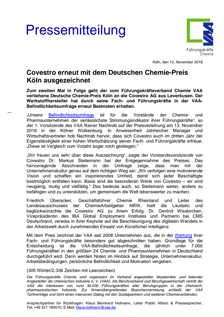Covestro erneut mit dem Deutschen Chemie-Preis Köln ausgezeichnet