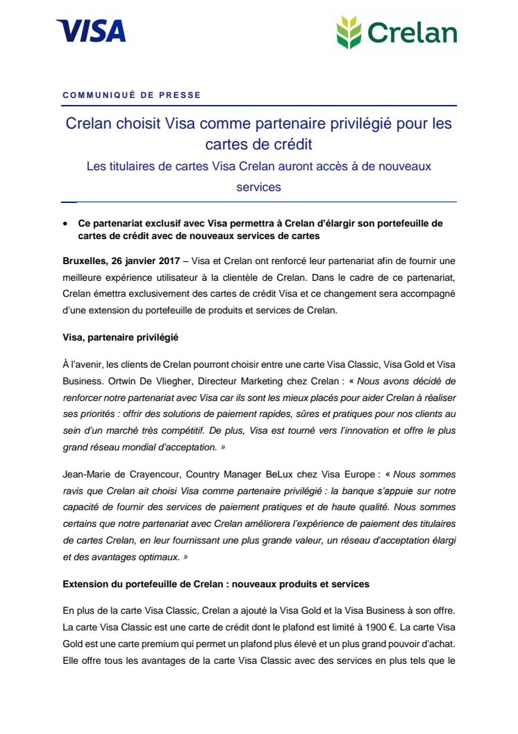 Crelan choisit Visa comme partenaire privilégié pour les cartes de crédit - Les titulaires de cartes Visa Crelan auront accès à de nouveaux services 