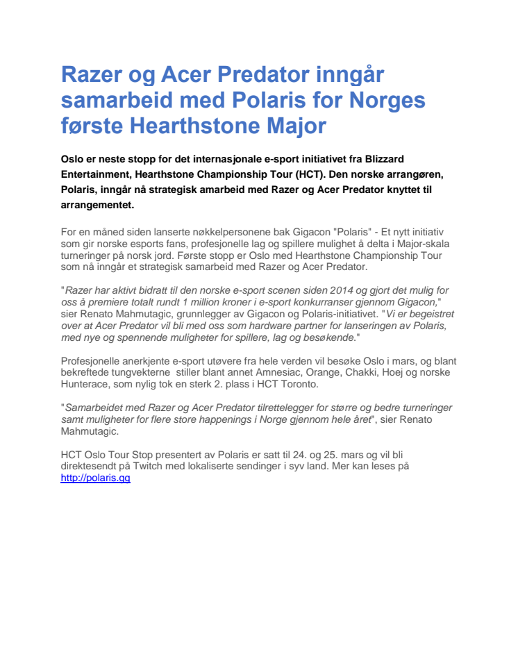​Razer og Acer Predator inngår samarbeid med Polaris for Norges første Hearthstone Major