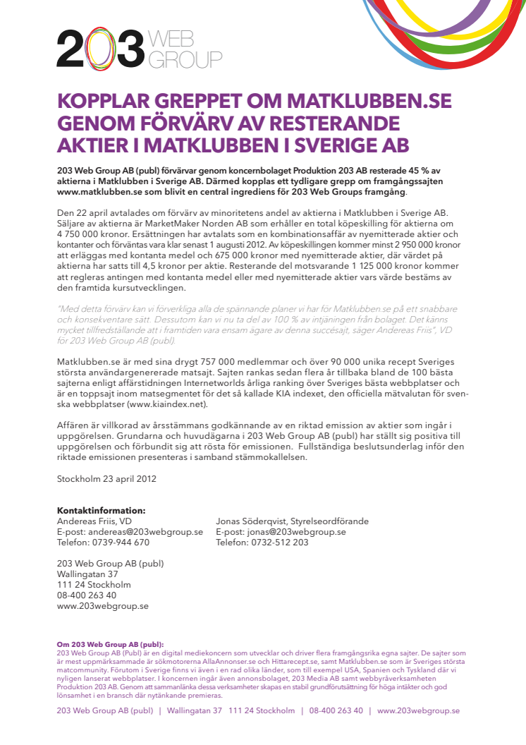 203 Web Group Kopplar greppet om Matklubben.se genom förvärv av resterande aktier i Matklubben i Sverige AB (matklubben.se)