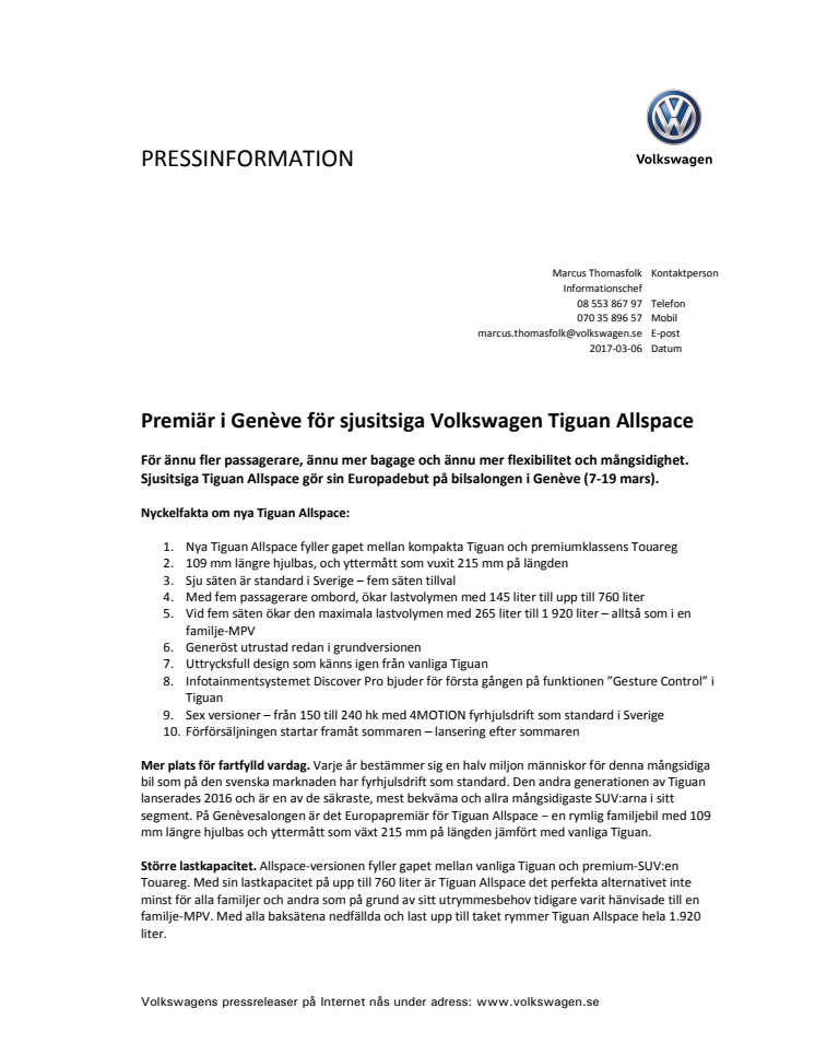 Premiär i Genève för sjusitsiga Volkswagen Tiguan Allspace