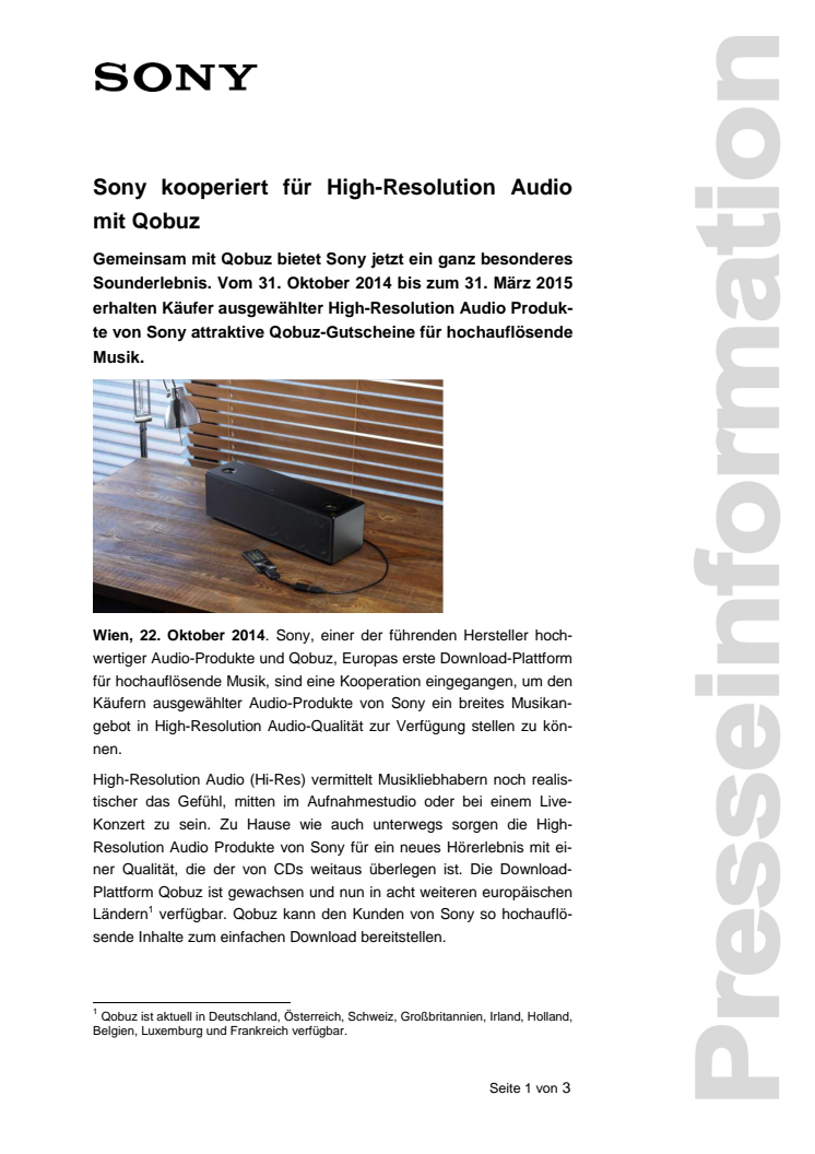 Pressemitteilung "Sony kooperiert für High-Resolution Audio mit Qobuz"