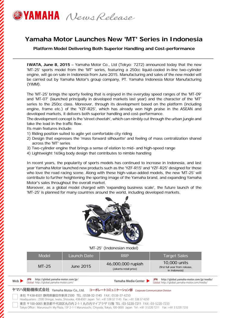 Yamaha Motor Launches New 'MT' Series in Indonesia 