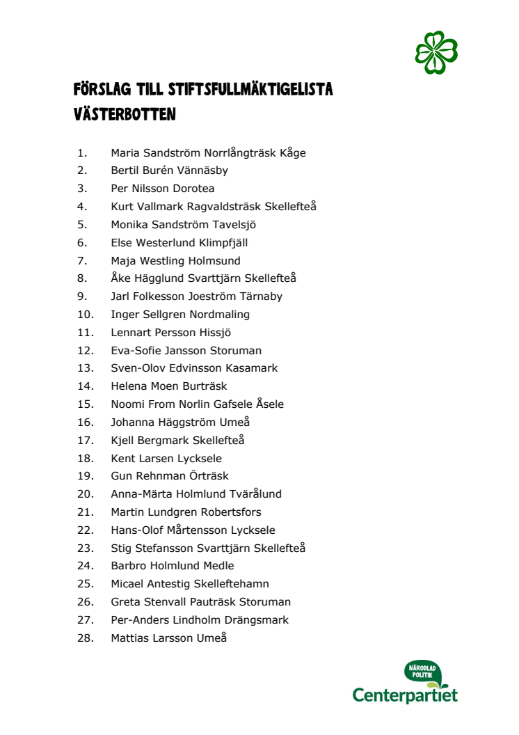 Förslag till stiftsfullmäktigelista Västerbotten