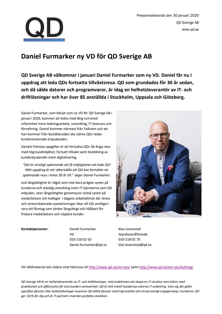 Daniel Furmarker ny VD för QD Sverige AB