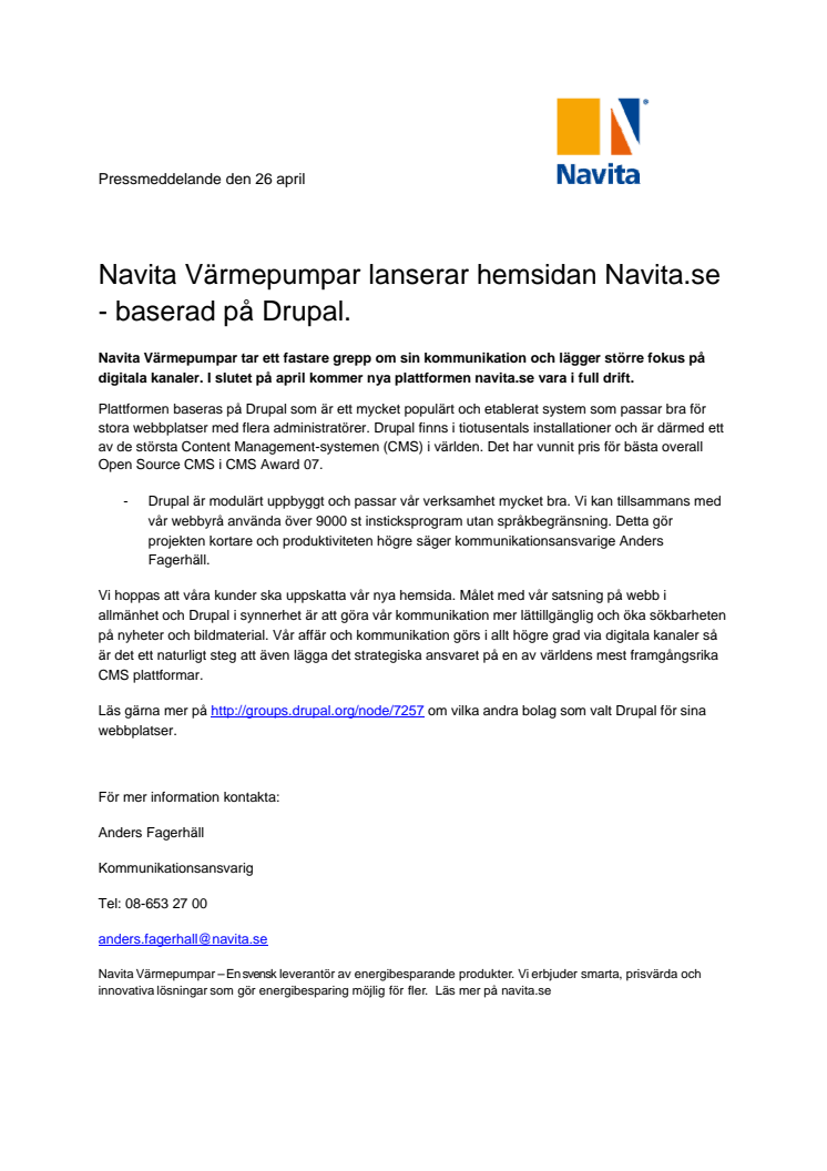 Navita Värmepumpar lanserar hemsidan Navita.se - baserad på Drupal. 